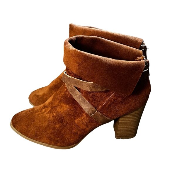 New Directions Jorie Strap Cognac Suede Ankle Boots Sz 10 Womens Chunky 3" Heel - Picture 6 of 16